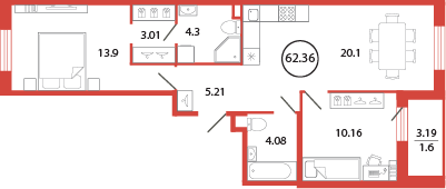 3-комнатная (Евро) квартира, 62.36 м² - планировка, фото №1