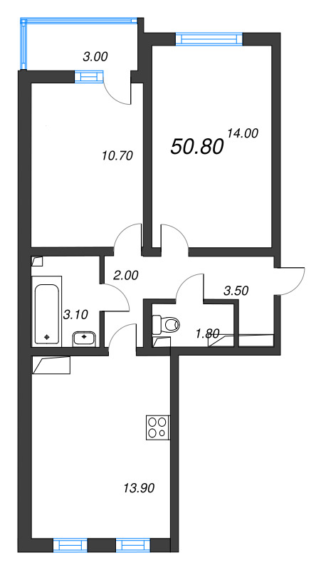 2-комнатная квартира, 50.8 м² в ЖК "Цветной город" - планировка, фото №1