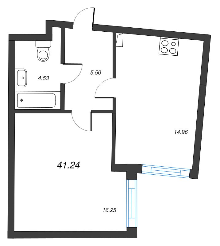 1-комнатная квартира, 41.24 м² - планировка, фото №1