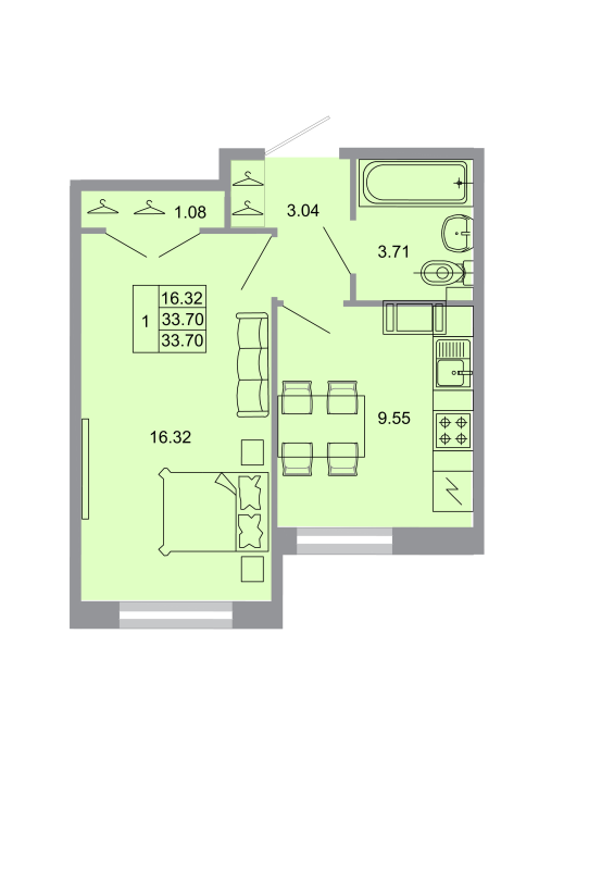 1-комнатная квартира, 32.8 м² - планировка, фото №1