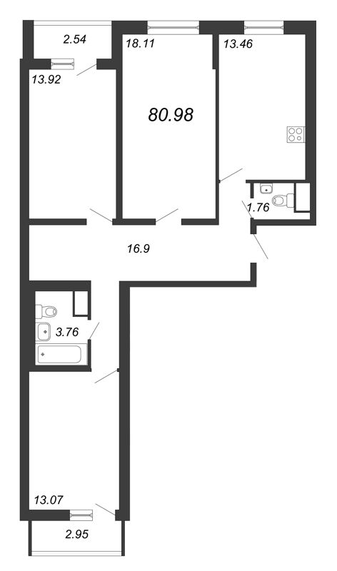 3-комнатная квартира, 80.98 м² в ЖК "Приморский квартал" - планировка, фото №1