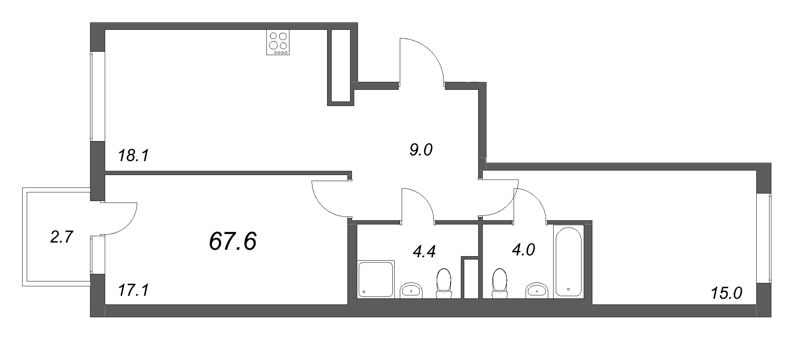 3-комнатная (Евро) квартира, 67.6 м² в ЖК "Гений" - планировка, фото №1