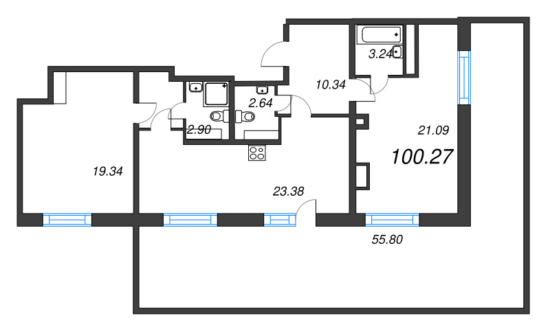 3-комнатная (Евро) квартира, 100.27 м² - планировка, фото №1