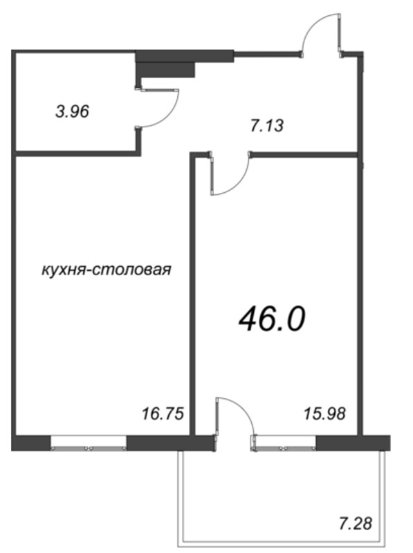 2-комнатная (Евро) квартира, 45.54 м² в ЖК "Grona Lund" - планировка, фото №1