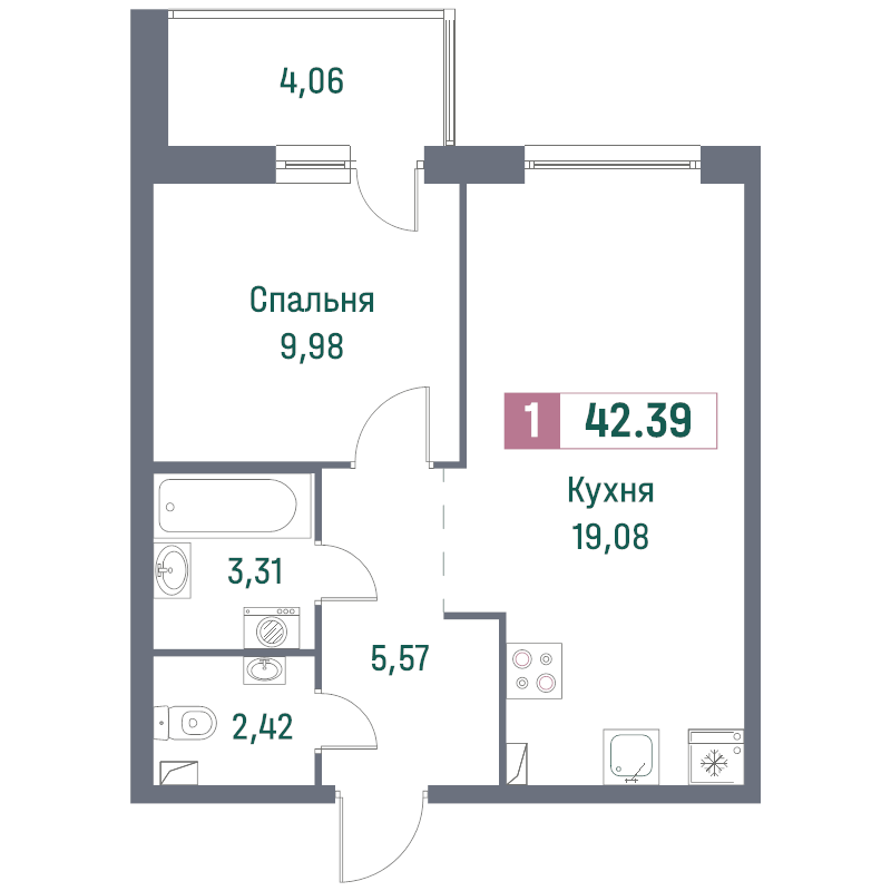 2-комнатная (Евро) квартира, 42.39 м² - планировка, фото №1