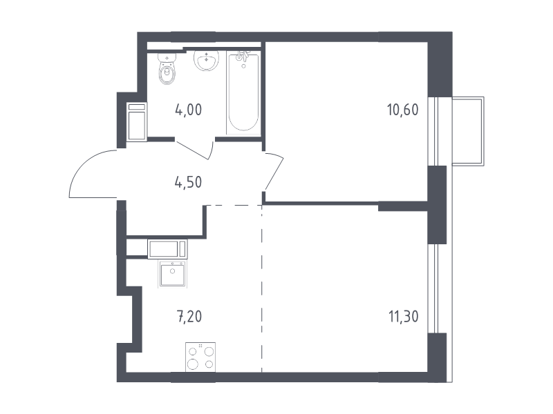 2-комнатная (Евро) квартира, 37.6 м² - планировка, фото №1