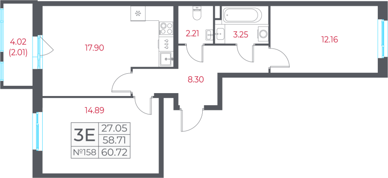 3-комнатная (Евро) квартира, 60.72 м² в ЖК "Город-спутник Южный" - планировка, фото №1