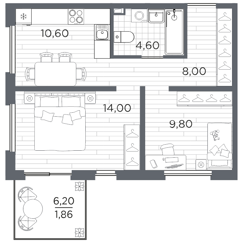 2-комнатная квартира, 49.4 м² в ЖК "Плюс Пулковский" - планировка, фото №1