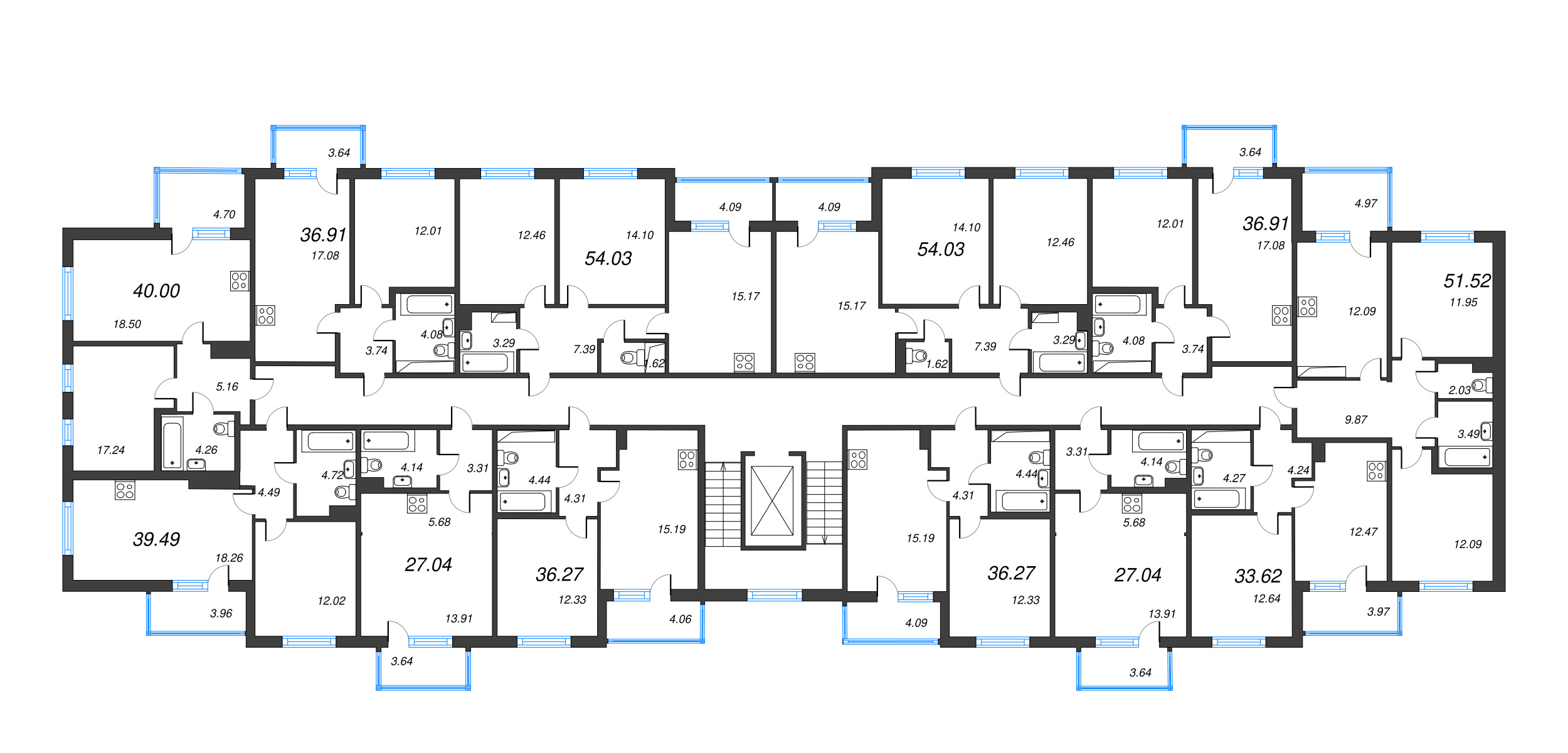 2-комнатная квартира, 51.52 м² - планировка этажа