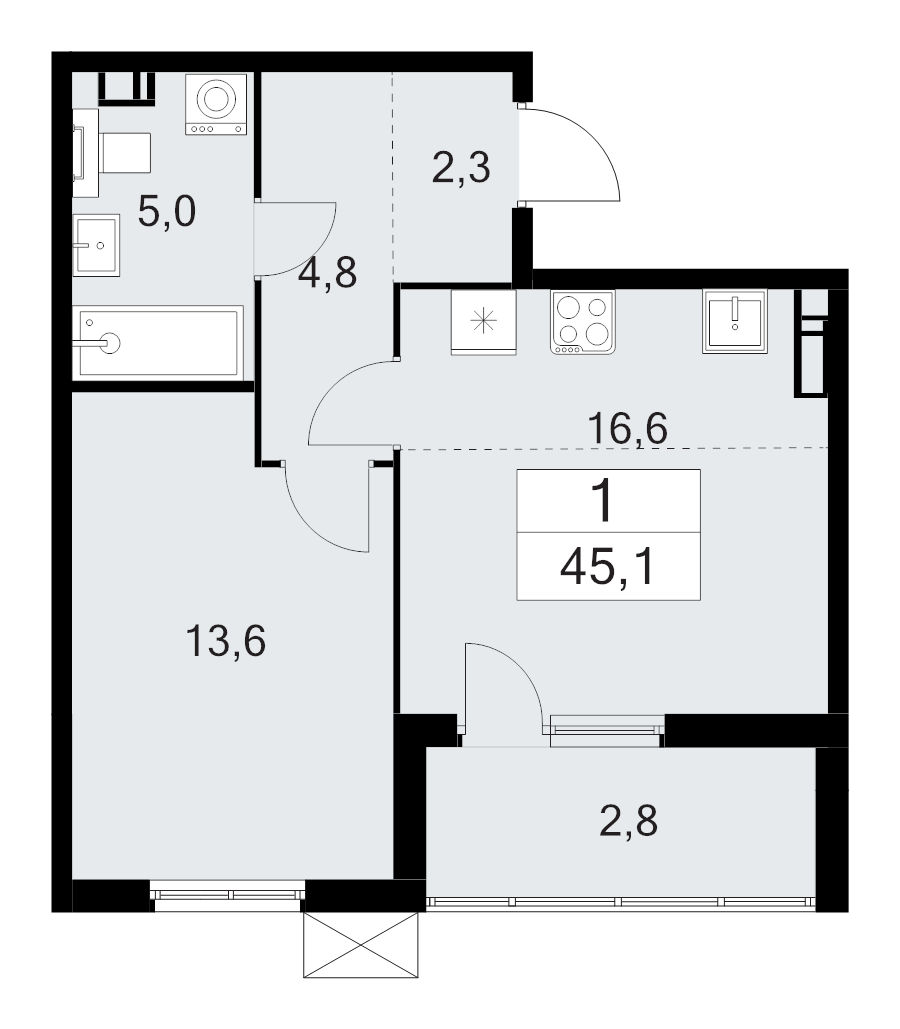2-комнатная (Евро) квартира, 45.1 м² в ЖК "А101 Лаголово" - планировка, фото №1
