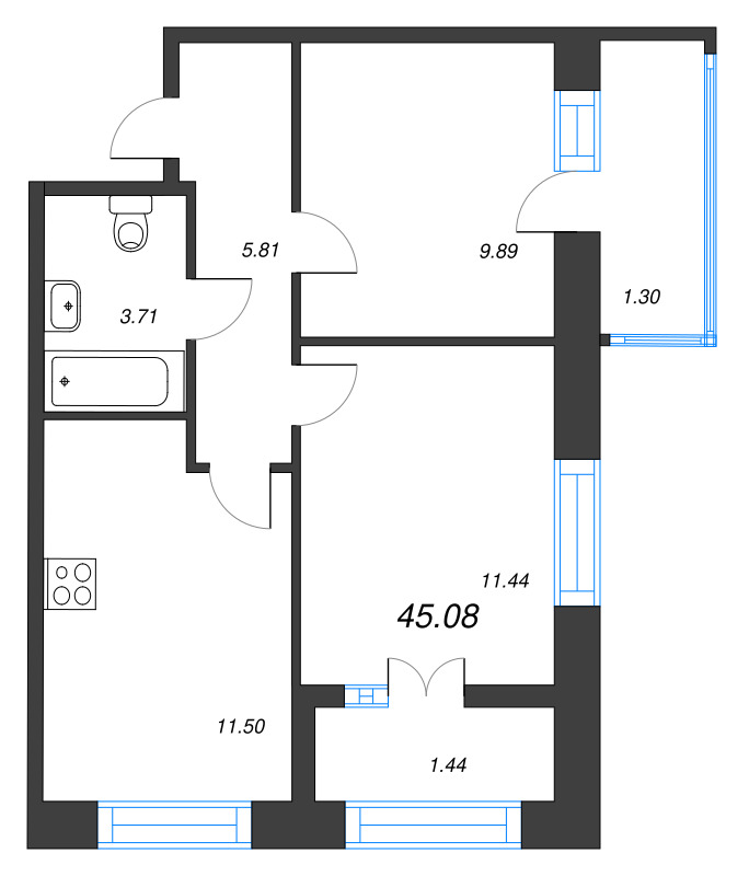 2-комнатная квартира, 45.08 м² в ЖК "Капральский берег" - планировка, фото №1