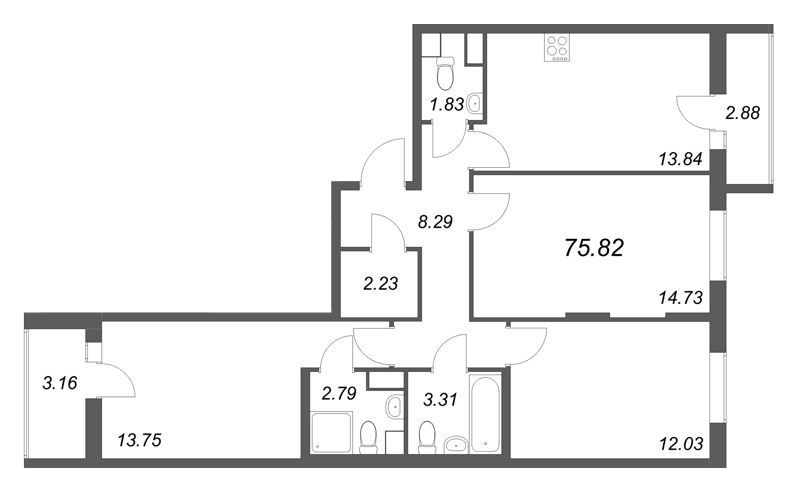 3-комнатная квартира, 75.82 м² в ЖК "Кинопарк" - планировка, фото №1
