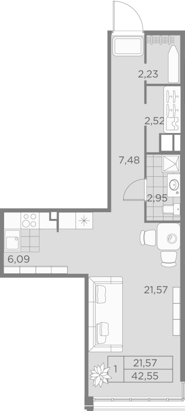 Квартира-студия, 42.55 м² - планировка, фото №1