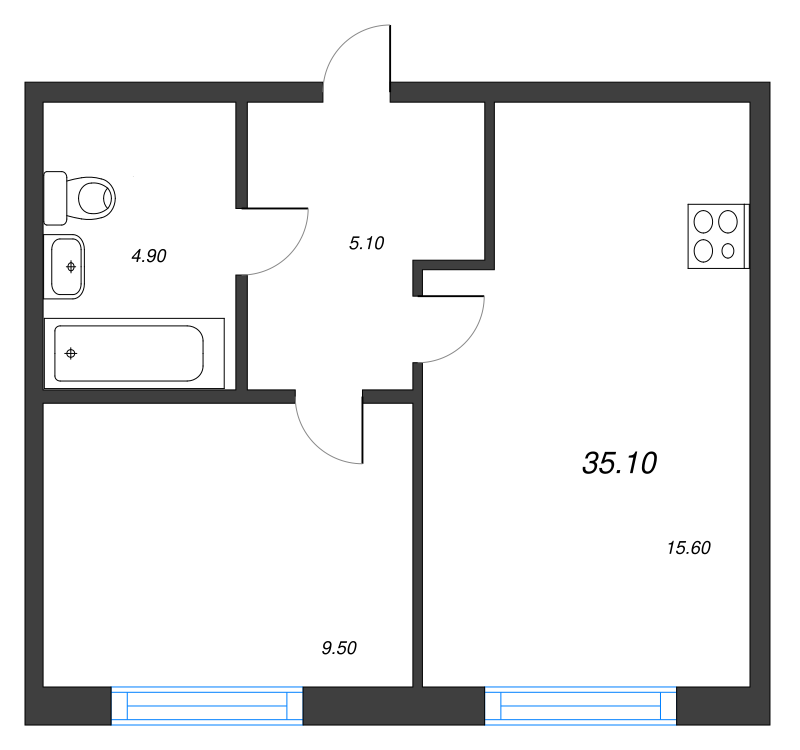 1-комнатная квартира, 35.1 м² в ЖК "Монография" - планировка, фото №1