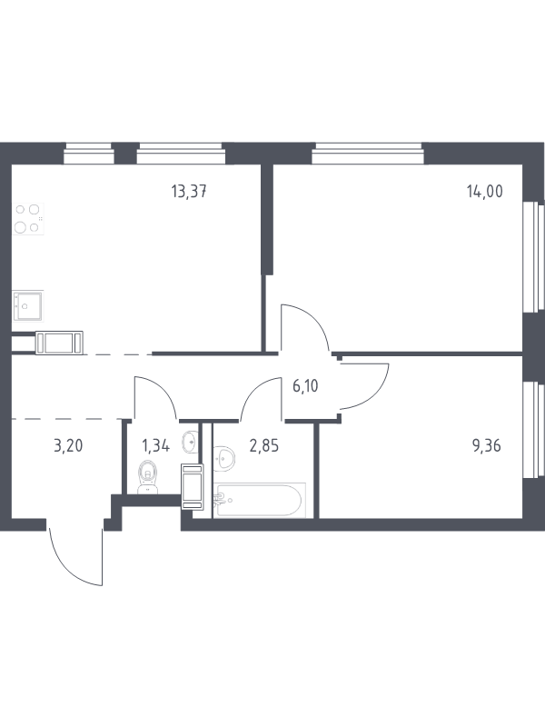 2-комнатная квартира, 50.22 м² - планировка, фото №1