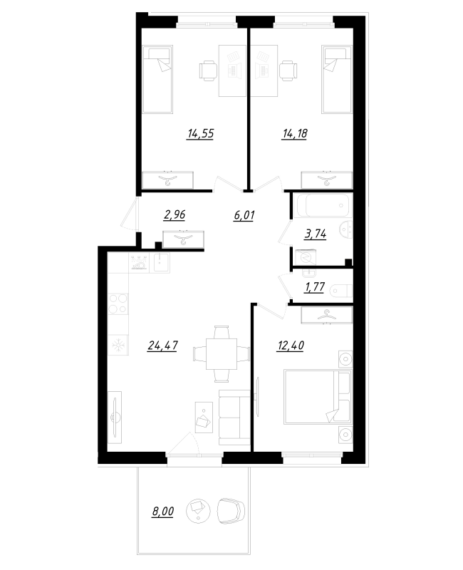 4-комнатная (Евро) квартира, 82.5 м² в ЖК "Счастье 2.0" - планировка, фото №1