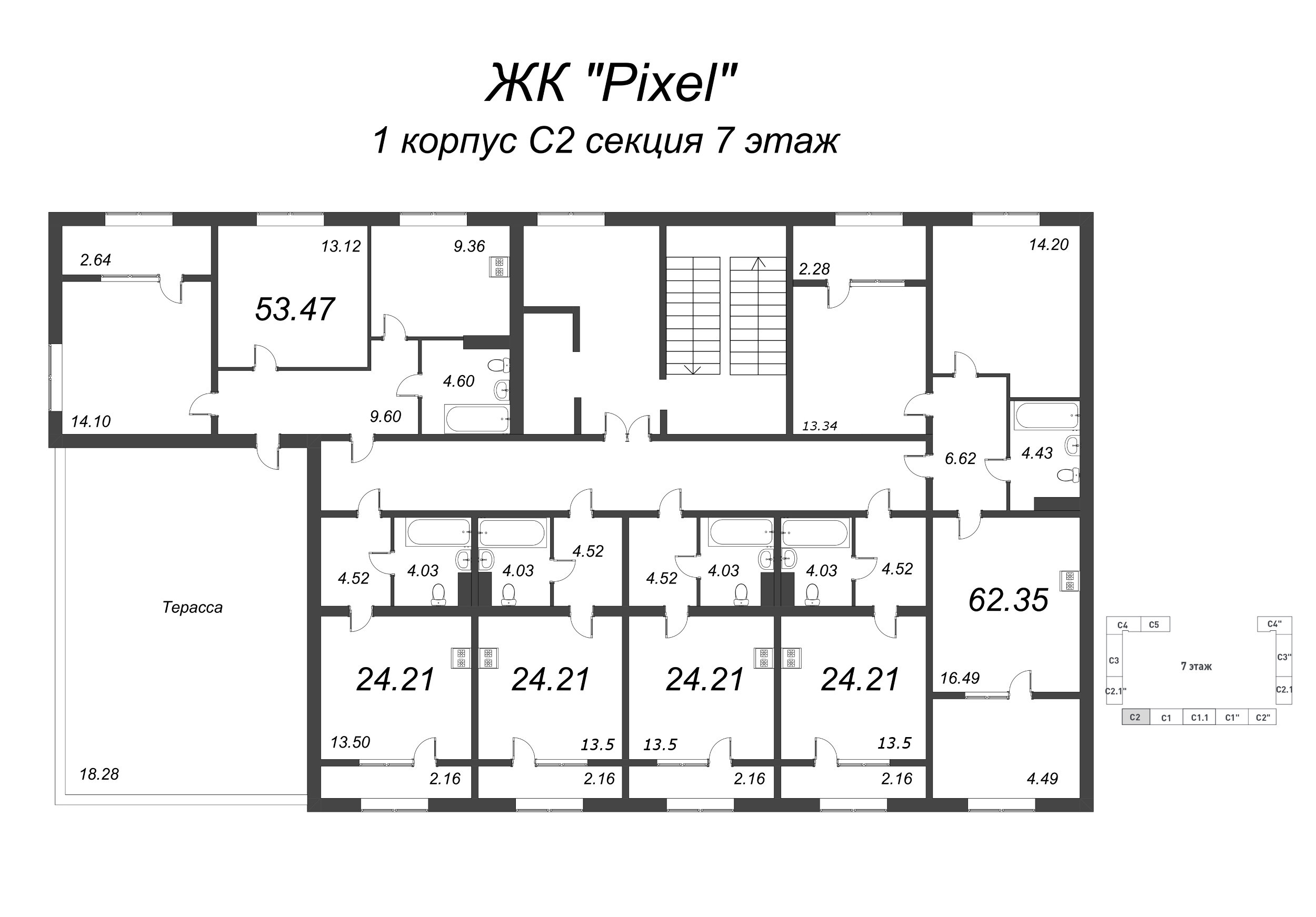 2-комнатная квартира, 62.35 м² в ЖК "Pixel" - планировка этажа