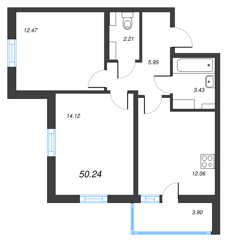 2-комнатная квартира, 50.24 м² в ЖК "ПАТИО. Уютный квартал" - планировка, фото №1