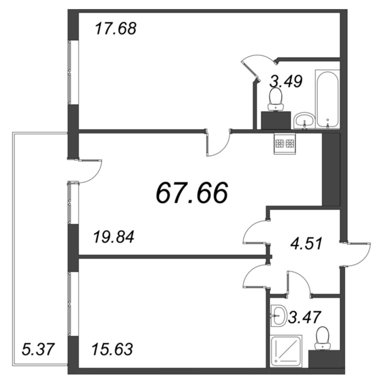 3-комнатная (Евро) квартира, 67.66 м² - планировка, фото №1