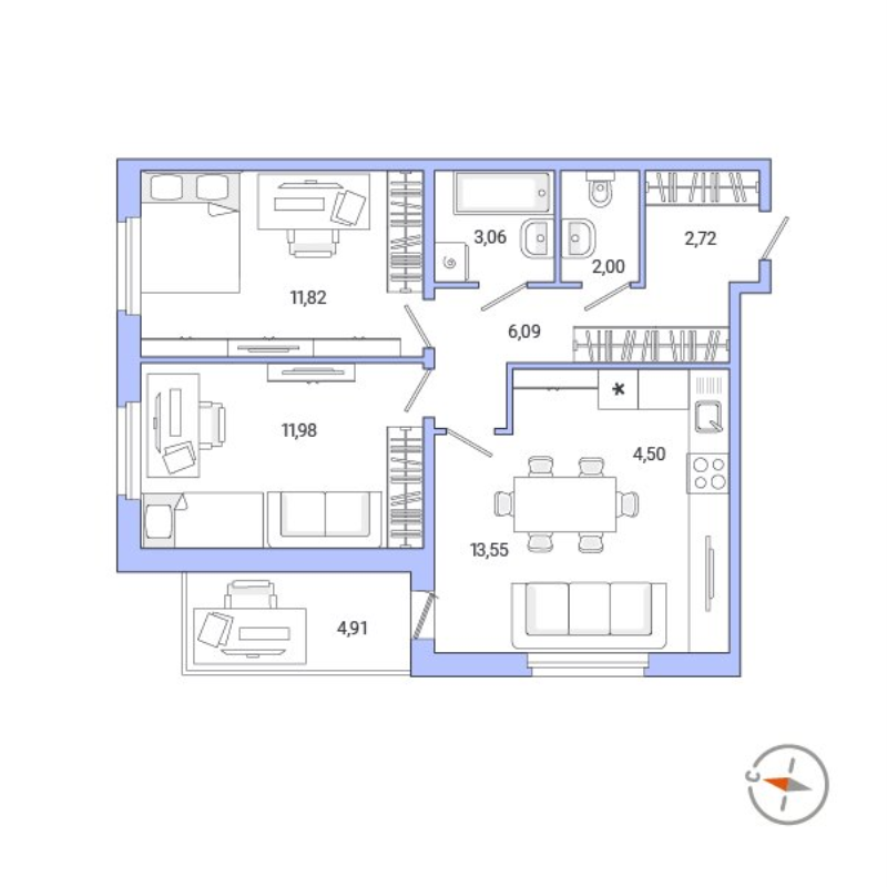 2-комнатная квартира, 60.64 м² в ЖК "Юттери" - планировка, фото №1