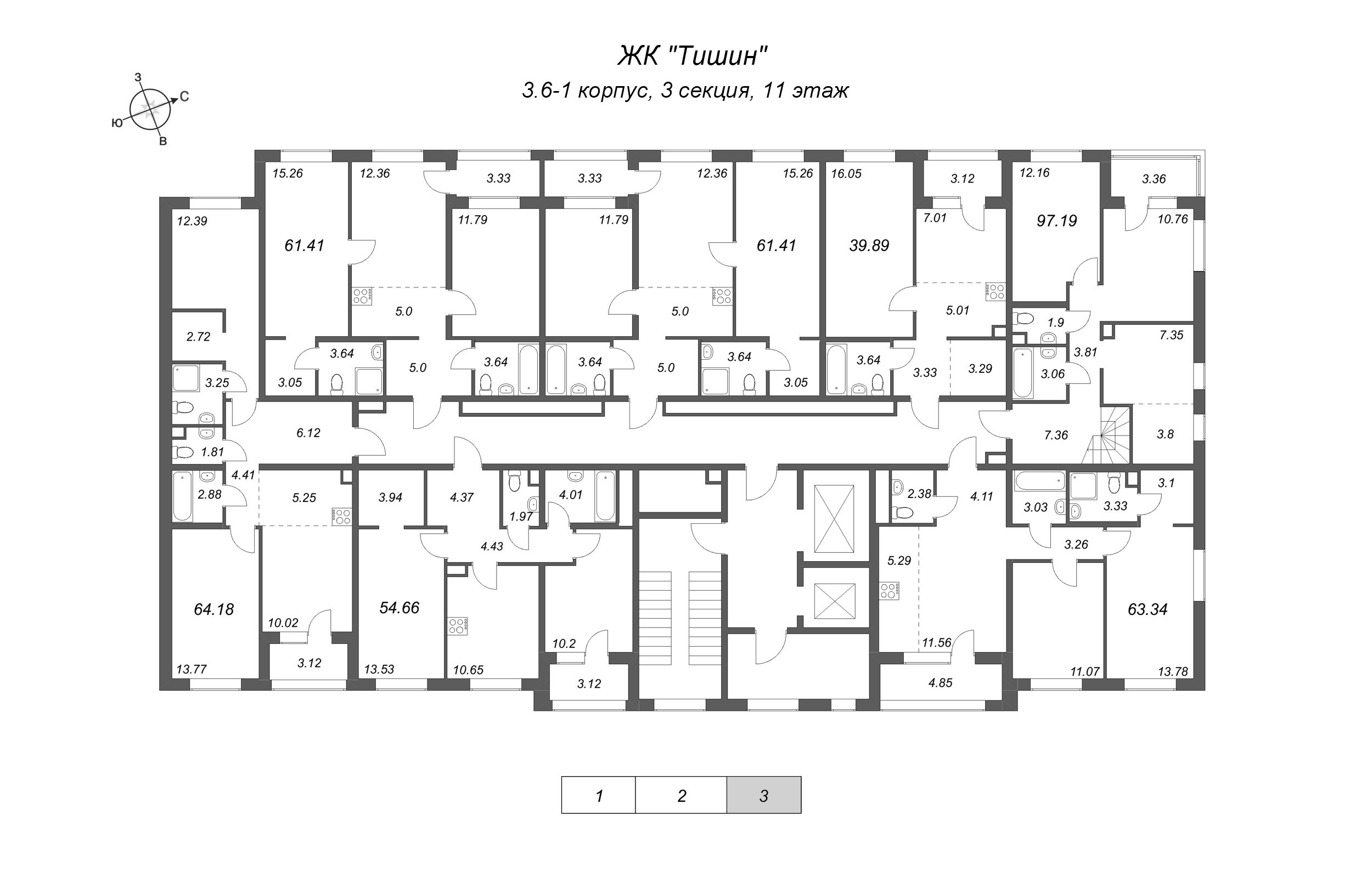 5-комнатная (Евро) квартира, 97.19 м² в ЖК "Тишин" - планировка этажа