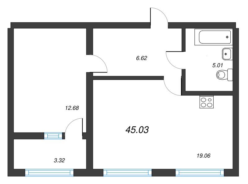 2-комнатная (Евро) квартира, 45.03 м² - планировка, фото №1