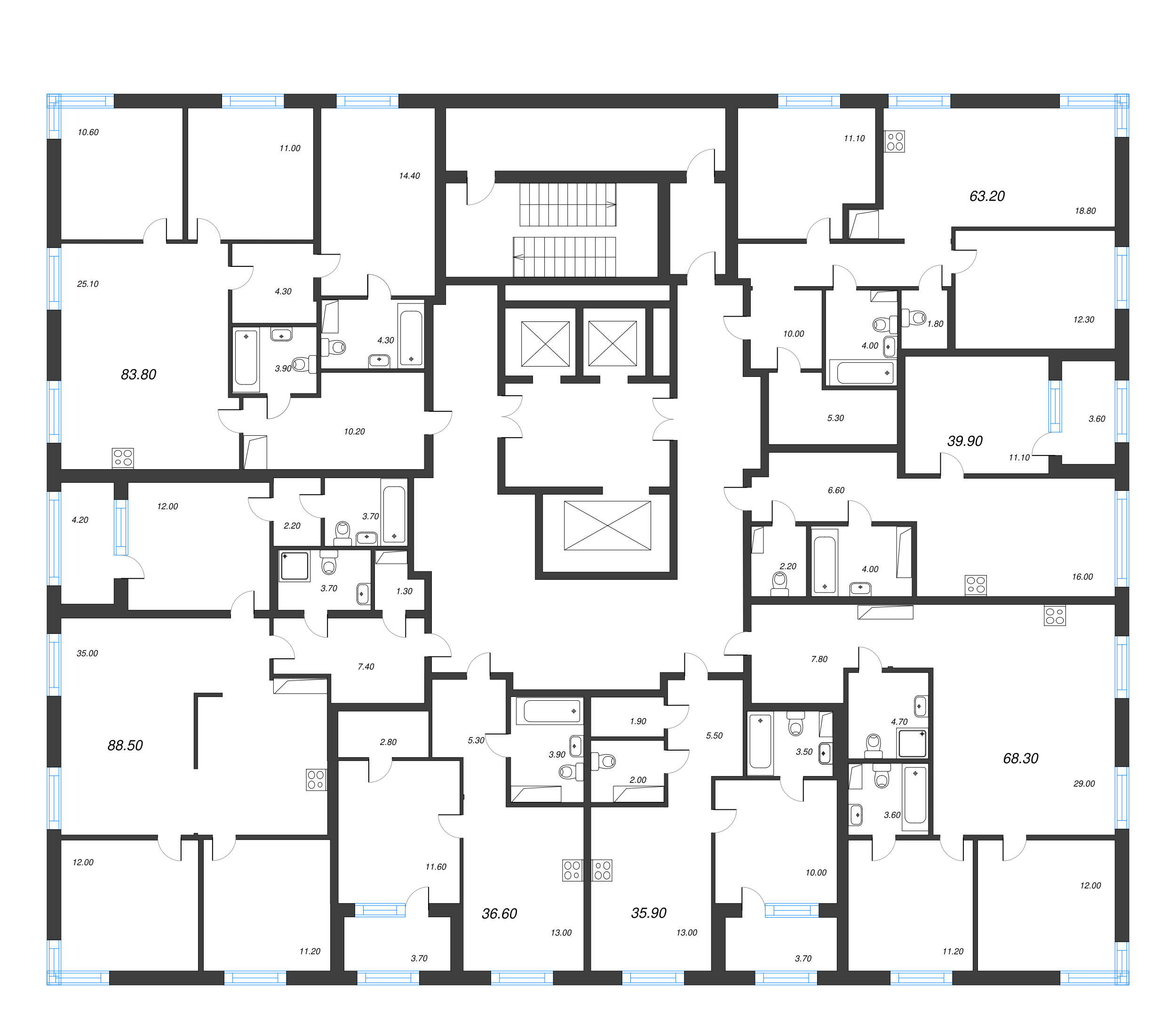 3-комнатная (Евро) квартира, 68.3 м² - планировка этажа