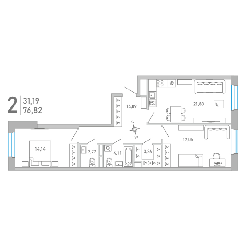 3-комнатная (Евро) квартира, 76.82 м² - планировка, фото №1
