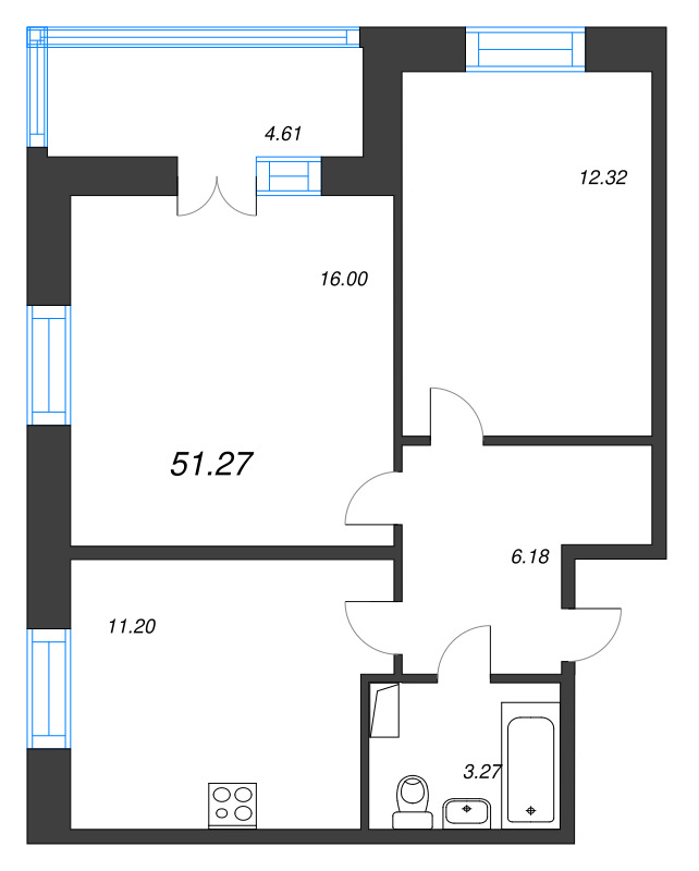 2-комнатная квартира, 51.27 м² - планировка, фото №1