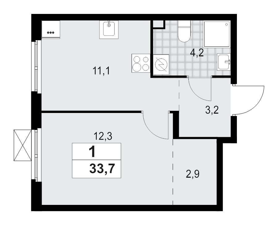 1-комнатная квартира, 33.7 м² - планировка, фото №1