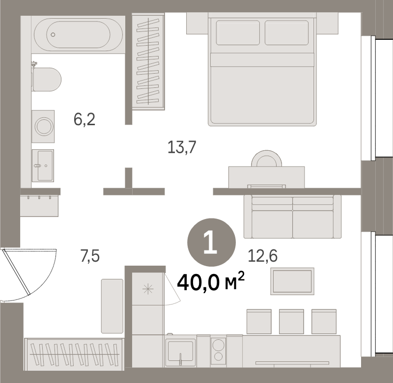 1-комнатная квартира, 40 м² - планировка, фото №1