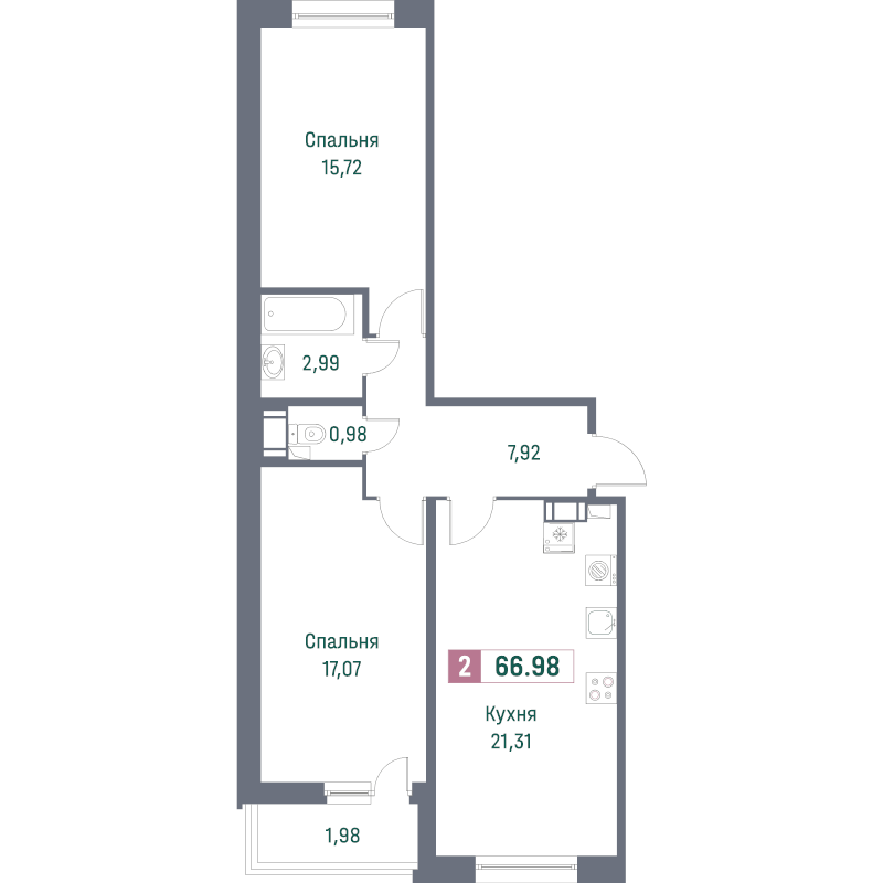 2-комнатная квартира, 66.98 м² в ЖК "Фотограф" - планировка, фото №1