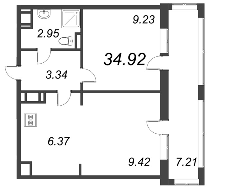 2-комнатная (Евро) квартира, 34.92 м² - планировка, фото №1