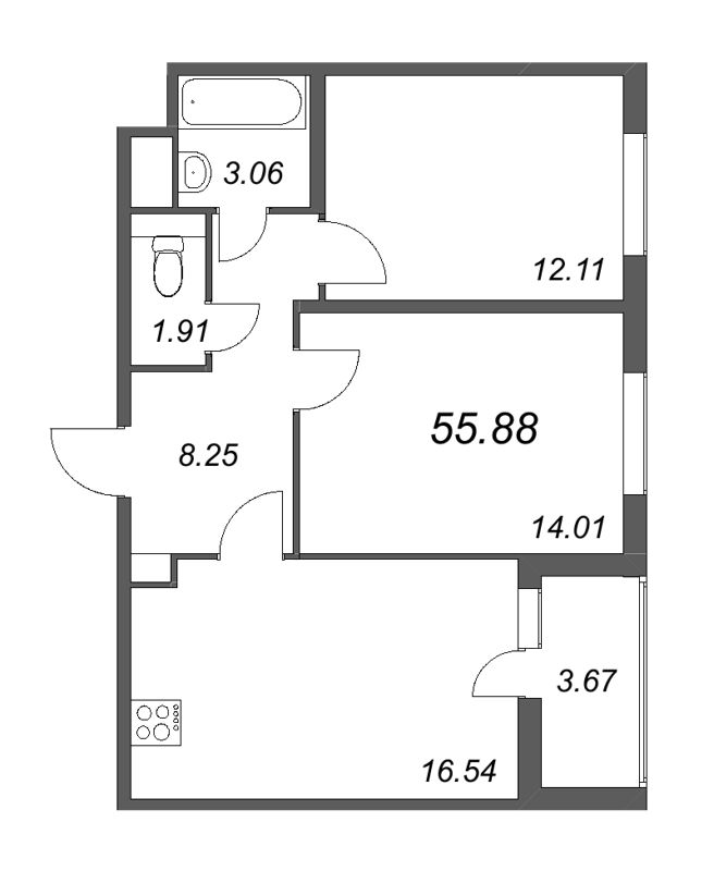 3-комнатная (Евро) квартира, 55.88 м² в ЖК "Ясно.Янино" - планировка, фото №1