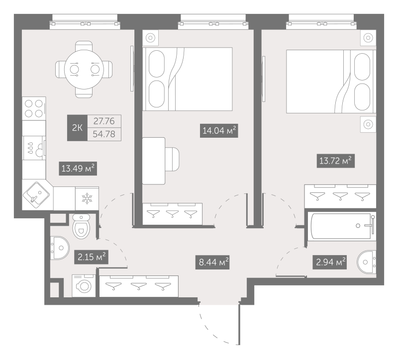 2-комнатная квартира, 54.8 м² в ЖК "Зум на Неве" - планировка, фото №1