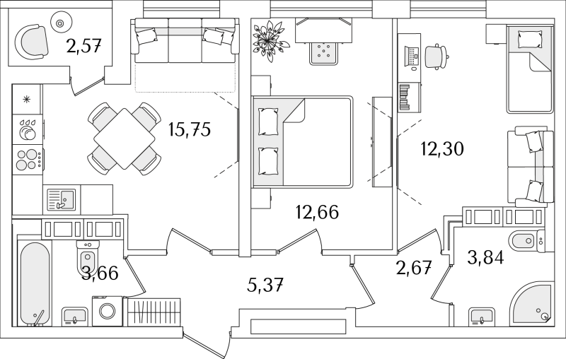 3-комнатная (Евро) квартира, 57.54 м² - планировка, фото №1