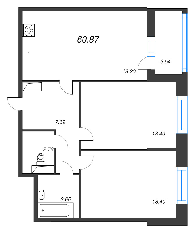 3-комнатная (Евро) квартира, 60.87 м² - планировка, фото №1