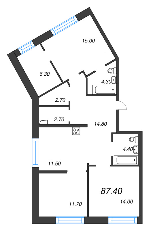 3-комнатная (Евро) квартира, 87.4 м² - планировка, фото №1