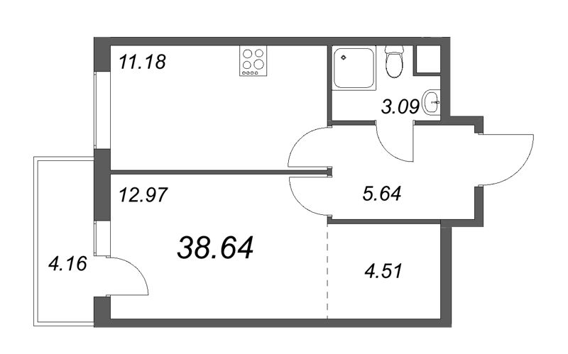 1-комнатная квартира, 38.6 м² - планировка, фото №1