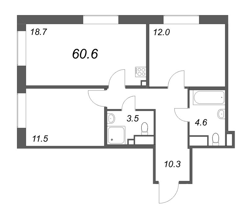 3-комнатная (Евро) квартира, 60.6 м² в ЖК "Парусная 1" - планировка, фото №1