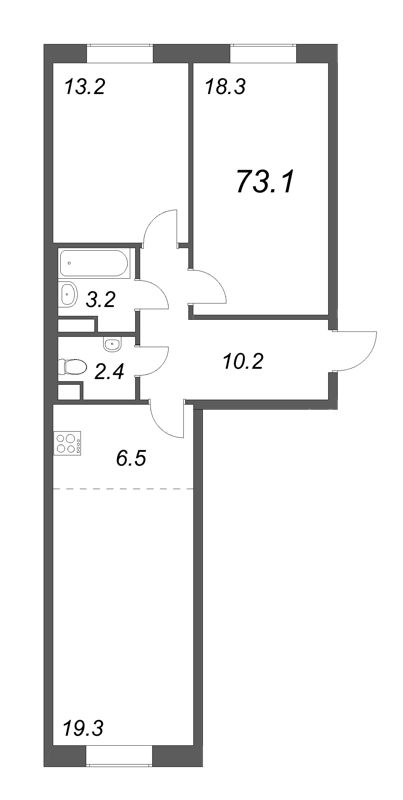 2-комнатная (Евро) квартира, 72.9 м² - планировка, фото №1