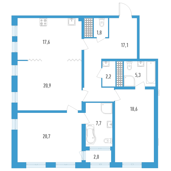 3-комнатная (Евро) квартира, 112.9 м² в ЖК "Дефанс Премиум" - планировка, фото №1