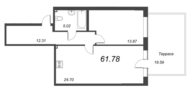 2-комнатная (Евро) квартира, 61.8 м² - планировка, фото №1