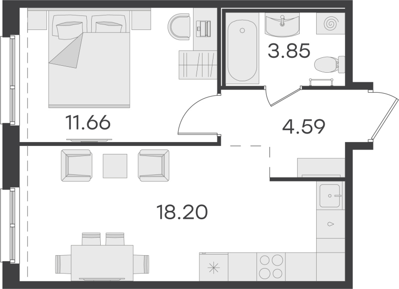 2-комнатная (Евро) квартира, 38.3 м² - планировка, фото №1