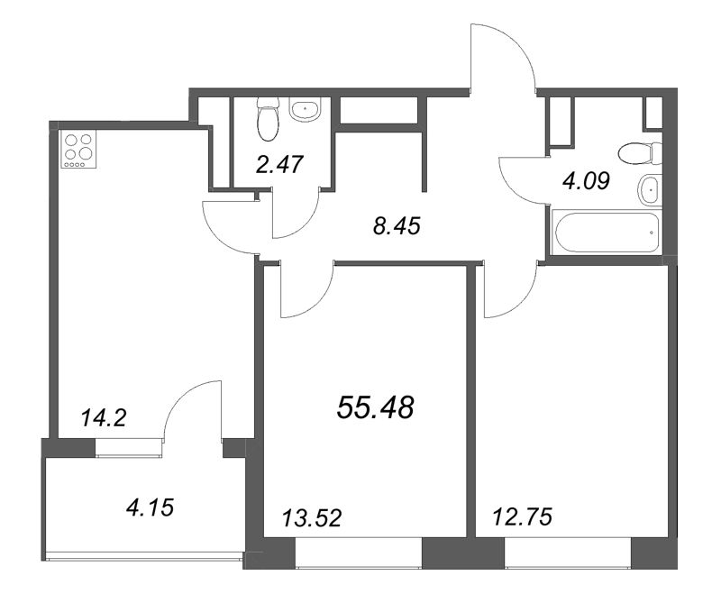 2-комнатная квартира, 55.48 м² в ЖК "Дом на Курской" - планировка, фото №1