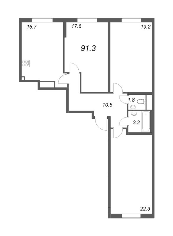 4-комнатная (Евро) квартира, 91.3 м² - планировка, фото №1