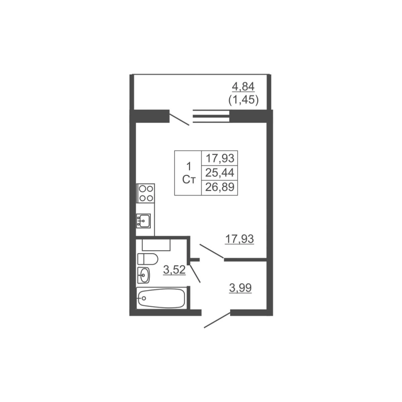 Квартира-студия, 26.89 м² в ЖК "Тандем" - планировка, фото №1