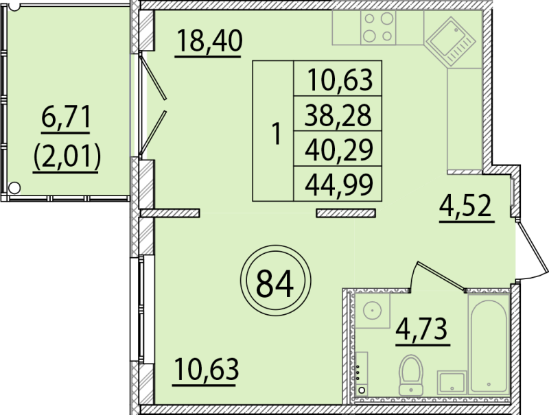 2-комнатная (Евро) квартира, 38.28 м² - планировка, фото №1