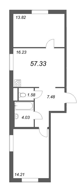 3-комнатная (Евро) квартира, 57.33 м² в ЖК "Новые горизонты" - планировка, фото №1