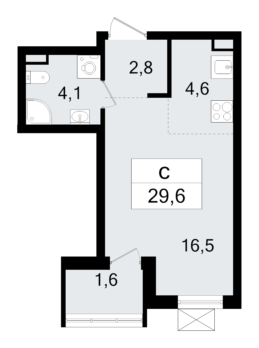 Квартира-студия, 29.6 м² - планировка, фото №1